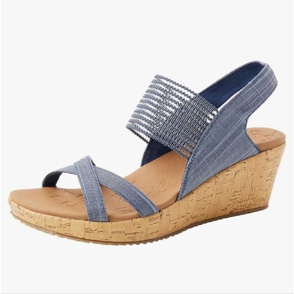Skechers Sandals‎ Womens US 8 Beverlee Slingback Blue Wedge Cork Heels Denim - Picture 1 of 10